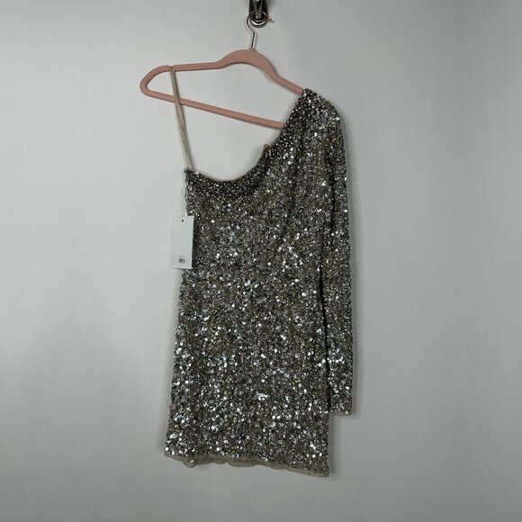 NWT Mac Duggal Sequin Long Sleeve One-Shoulder Mini Dress Platinum Gold 2 #A0303 - Picture 2 of 5